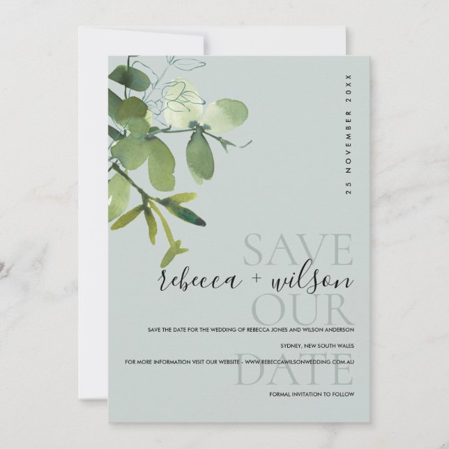 ELEGANT MODERN GREEN GRAY EUCALYPTUS WATERCOLOR SAVE THE DATE (Vorderseite)