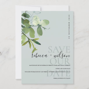 ELEGANT MODERN GREEN GRAY EUCALYPTUS WATERCOLOR SAVE THE DATE