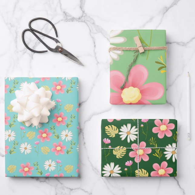 Elegant Modern Green Pink Floral Geschenkpapier Set (Vorderseite)