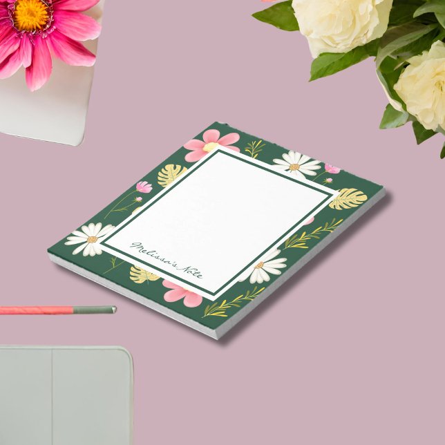 Elegant Modern Green Pink Floral Notizblock (Von Creator hochgeladen)