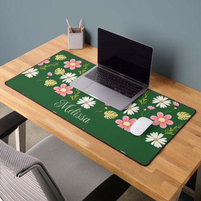 Elegant Modern Green Pink Floral Schreibtischunterlage (Büro 2)