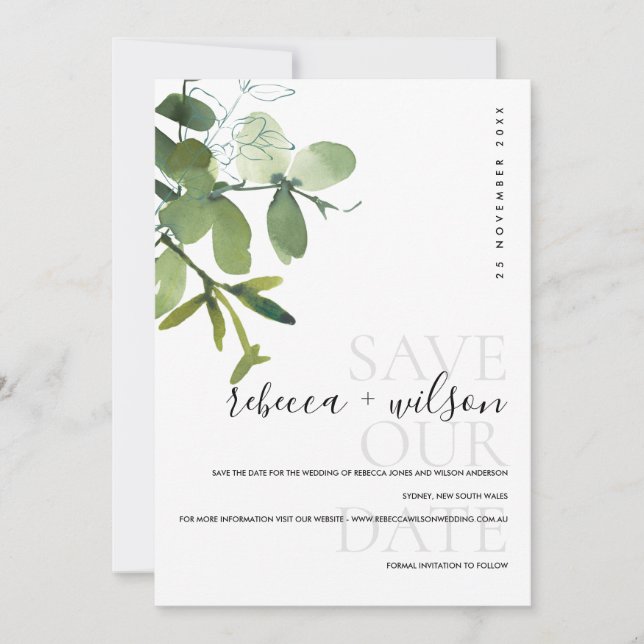 ELEGANT MODERN GREEN WHITE EUCALYPTUS WATERCOLOR SAVE THE DATE (Vorderseite)