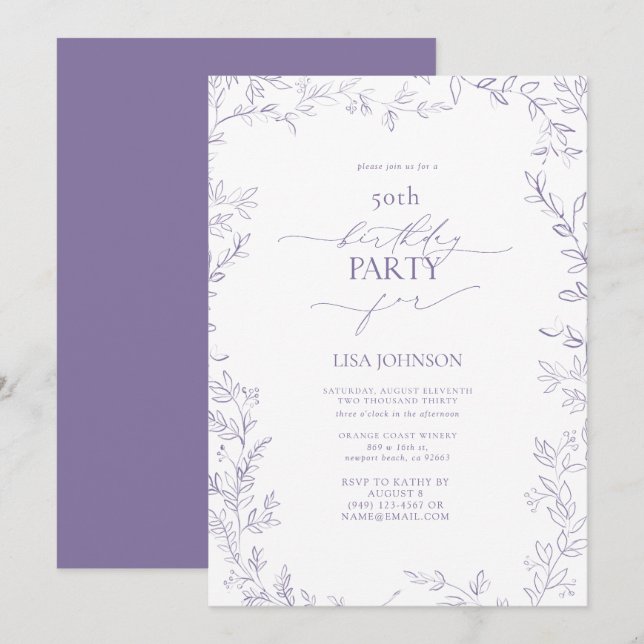 Elegant Modern Leaf Lavender 50. Geburtstag Einladung (Vorne/Hinten)