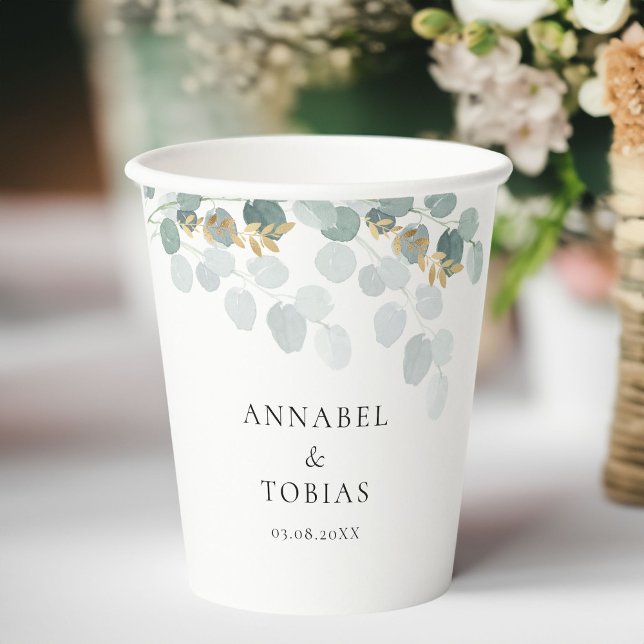 Elegant Modern Leafy Pappbecher (Elegant Modern Leafy Paper Cups with your name and dates.)