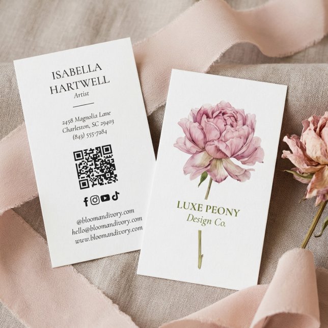 Elegant Modern Luxury Peony Watercolor Floral Visitenkarte (Elegant Modern Luxury Peony Watercolor Floral Business Card)