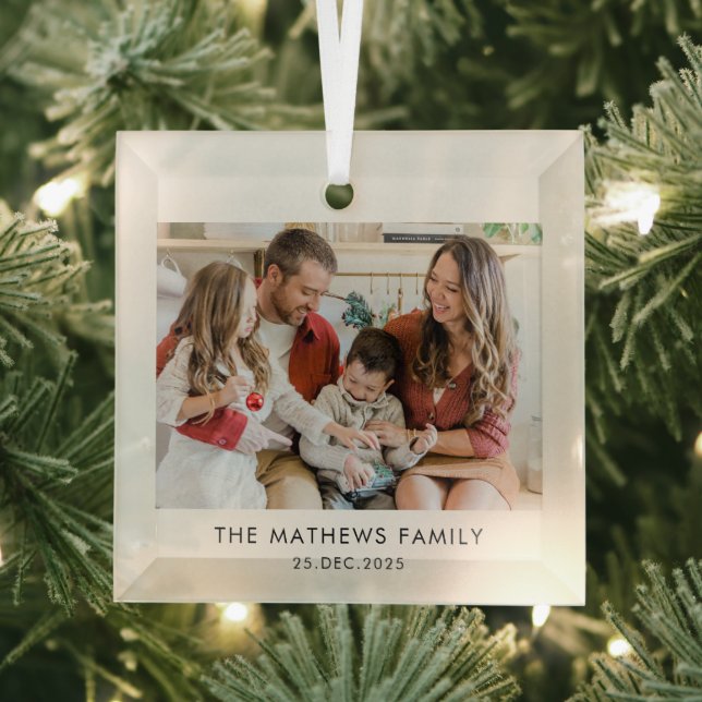 Elegant Modern Minimal Family Photo Christmas Ornament Aus Glas (Insitu)