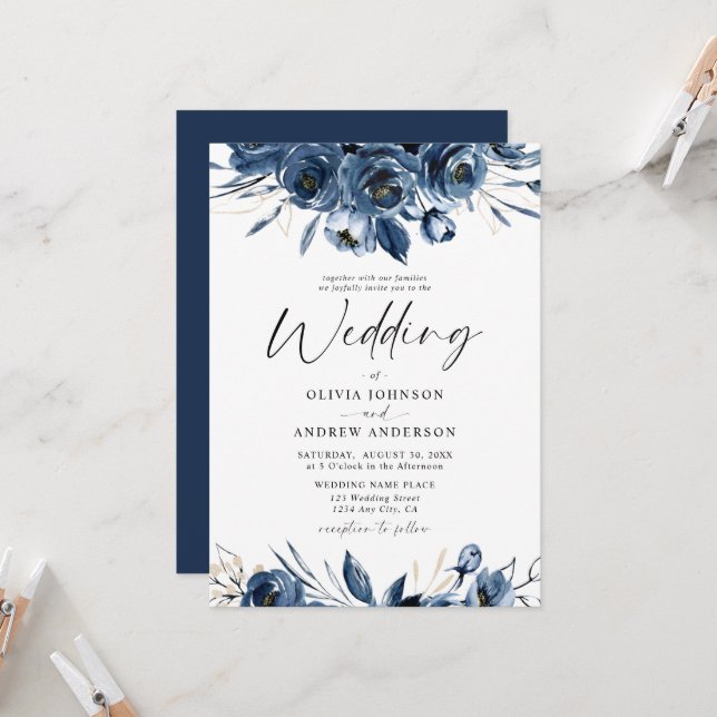 Elegant Modern Navy Blue and Silver Floral Wedding Einladung (Vorderseite/Rückseite Beispiel)