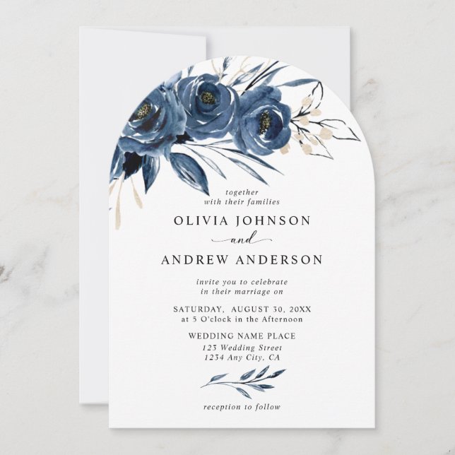 Elegant Modern Navy Blue Arch Floral Wedding Einladung (Vorderseite)
