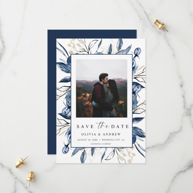 Elegant Modern Navy Blue Botanical Photo Wedding  Save The Date (Vorderseite/Rückseite Beispiel)