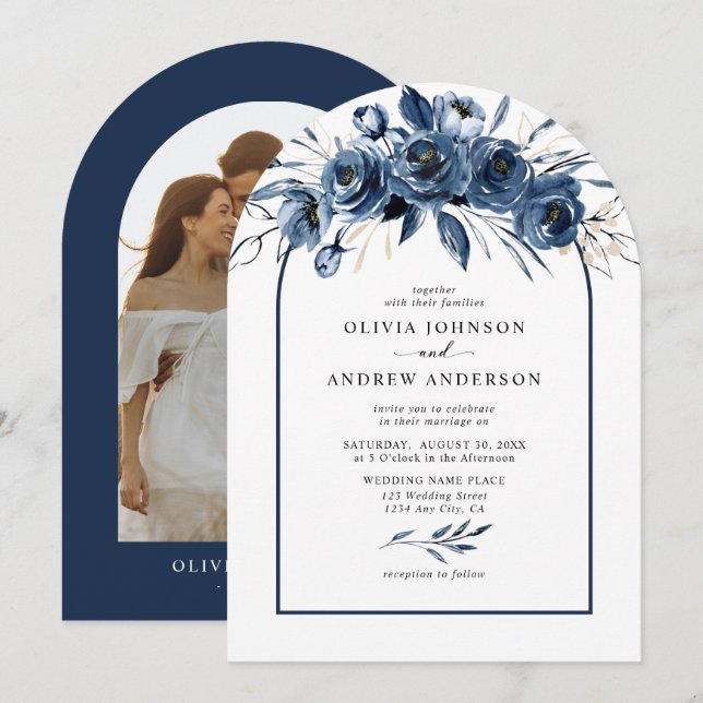 Elegant Modern Navy Blue Floral Arch Photo Wedding Einladung (Vorne/Hinten)