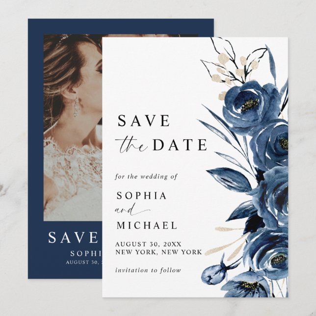 Elegant Modern Navy Blue Floral & Photo Wedding  Save The Date (Vorne/Hinten)