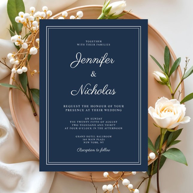 Elegant Modern Navy Blue Script Wedding Einladung (Elegant Modern Navy Blue Script Wedding Invitation)