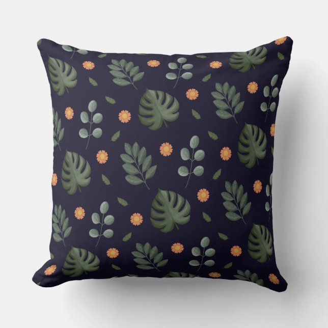 Elegant Modern Navy Botanical Leaf Floral Kissen (Vorderseite)