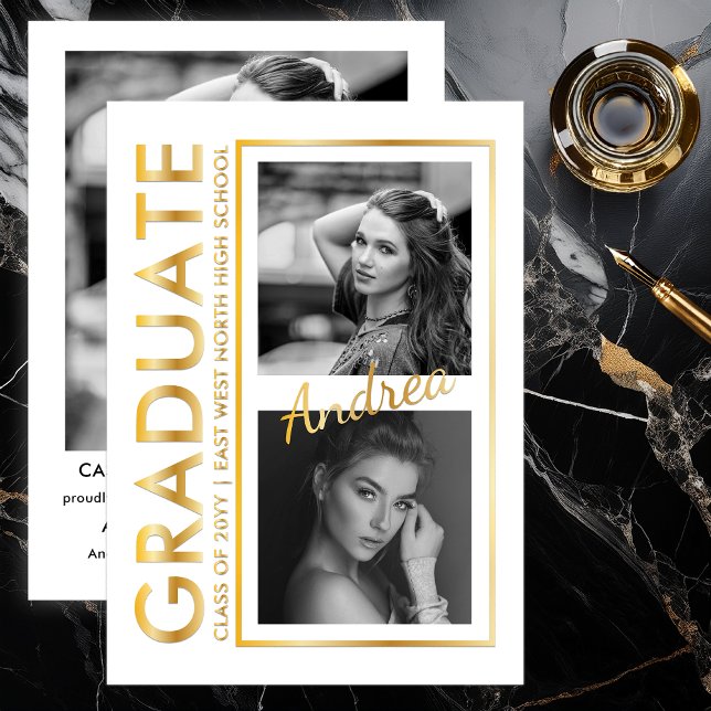 Elegant Modern Photo Graduation Announcement Folieneinladung (Modern Vertical Graduation White & Gold Foil Announcement with Editorial 3 Photo Collage Layout )