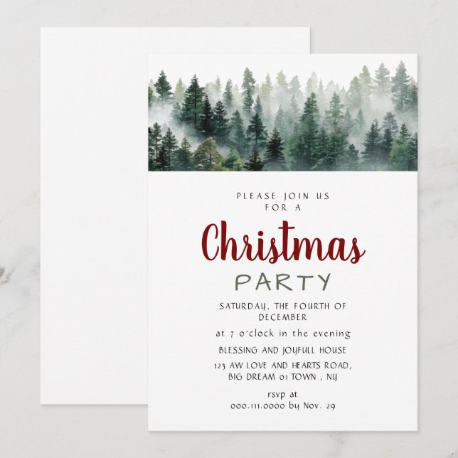 Elegant Modern Pine Forest Christmas Party Einladung (Vorne/Hinten)