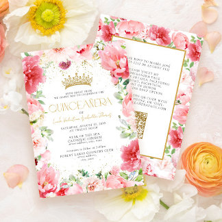 Elegant Modern Pink Floral Gold QR Quinceañera Einladung