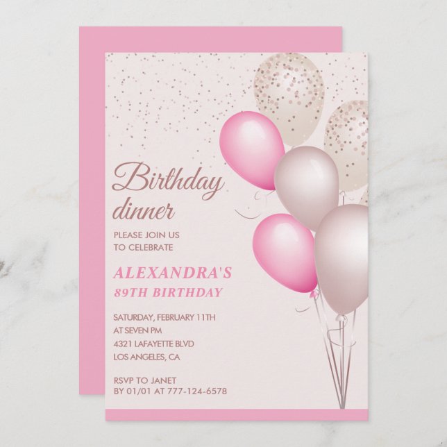 Elegant Modern Pink Geburtstag Abendessen 89. Gebu Einladung (Vorne/Hinten)