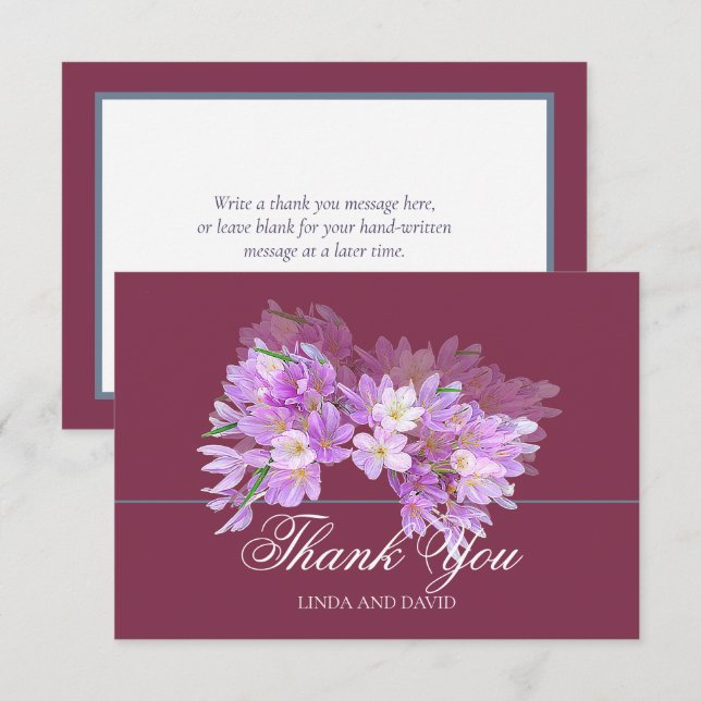 Elegant Modern Pink Purple Crocus Bridal Thank You Dankeskarte (Vorne/Hinten)