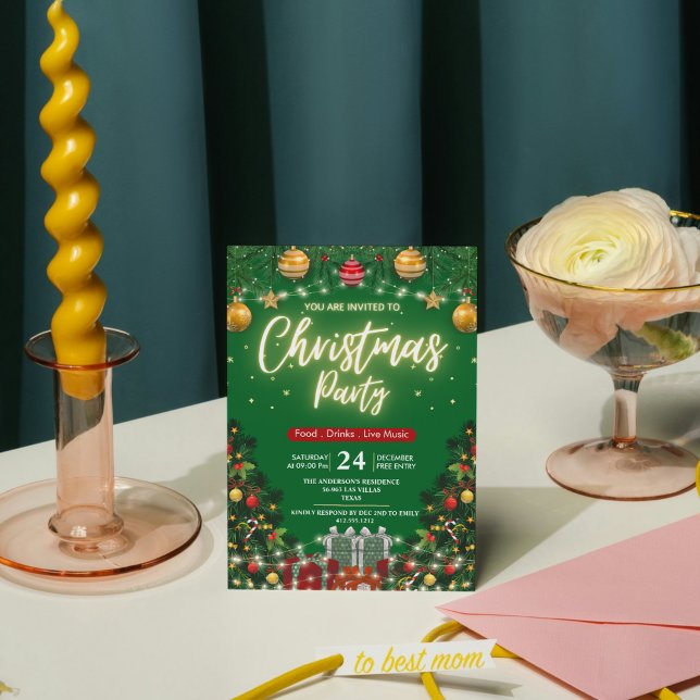 Elegant Modern Plaid Green Christmas Party  Einladung (Elegant Modern Plaid Green Christmas Party Invitation)