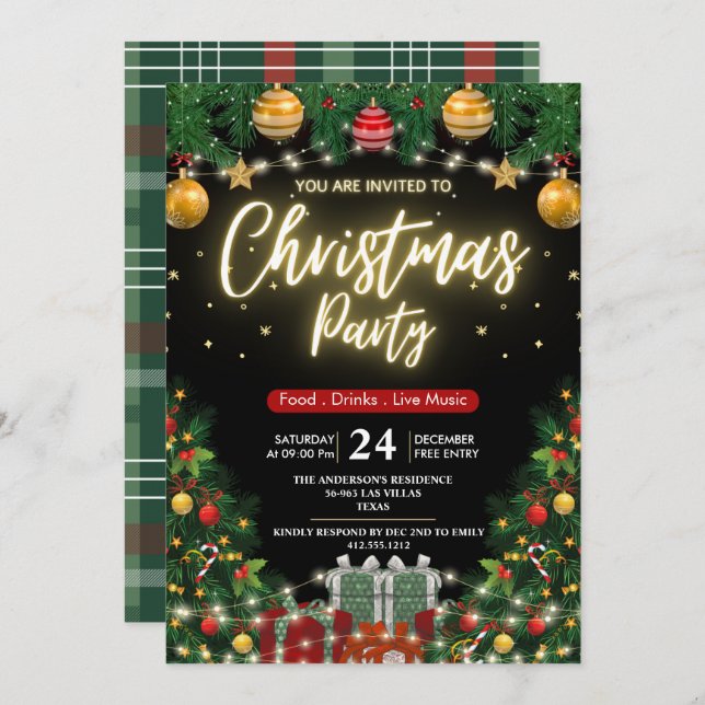 Elegant Modern Plaid Green Christmas Party  Einladung (Vorne/Hinten)