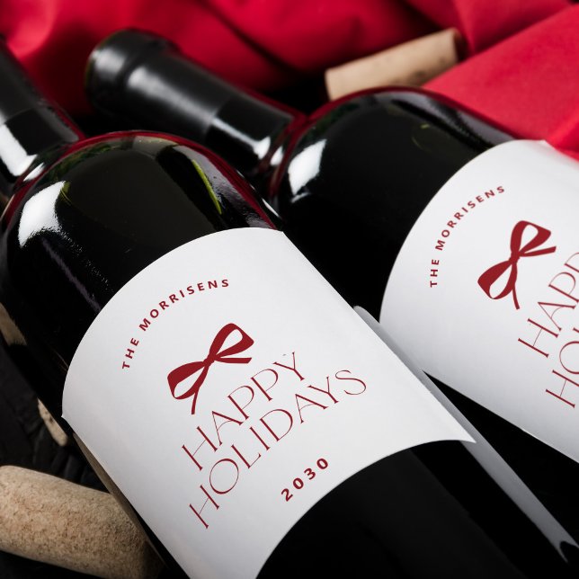 Elegant modern red bow Christmas holiday Weinetikett (Von Creator hochgeladen)