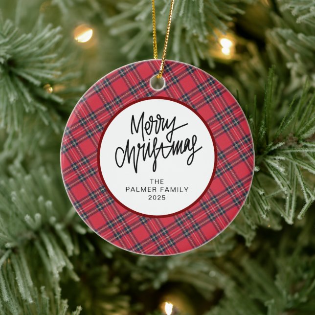 Elegant Modern Red Plaid Christmas Family Photo Keramik Ornament (Baum)