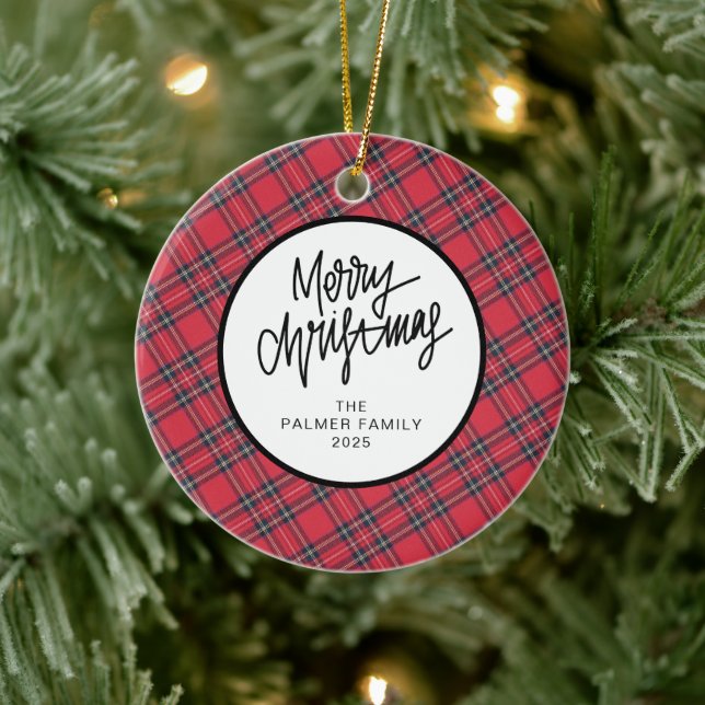 Elegant Modern Red Plaid Christmas Family Photo Keramik Ornament (Baum)