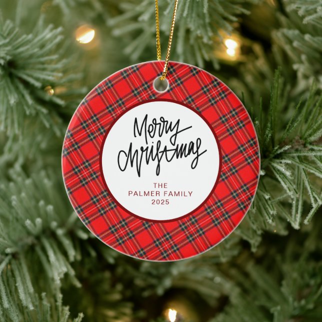 Elegant Modern Red Plaid Christmas Family Photo Keramik Ornament (Baum)
