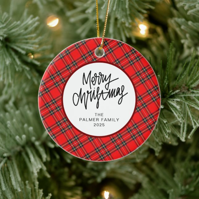Elegant Modern Red Plaid Christmas Family Photo Keramik Ornament (Baum)