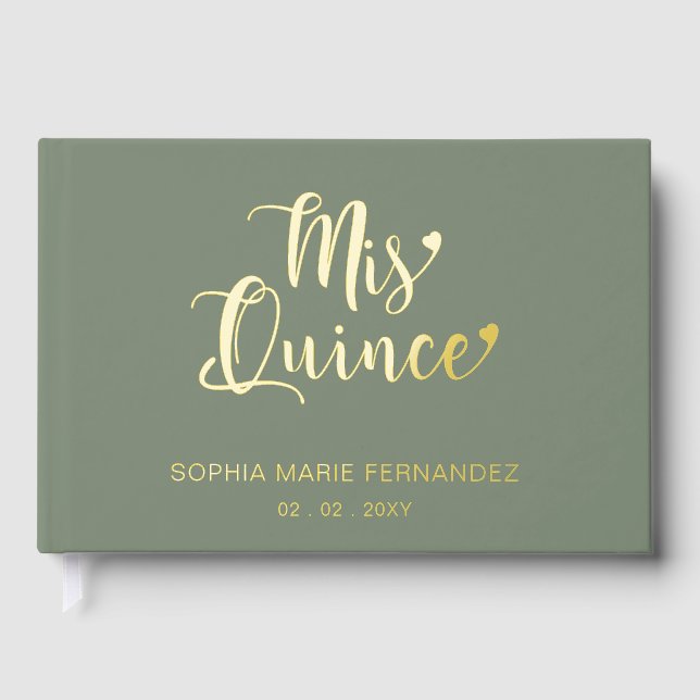 Elegant Modern Sage Gold Quinceñera Gästebuch (Vorderseite)