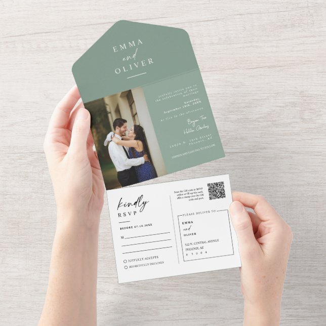 Elegant Modern Sage Green Boho QR Code Photo RSVP All In One Einladung (Abreißen)