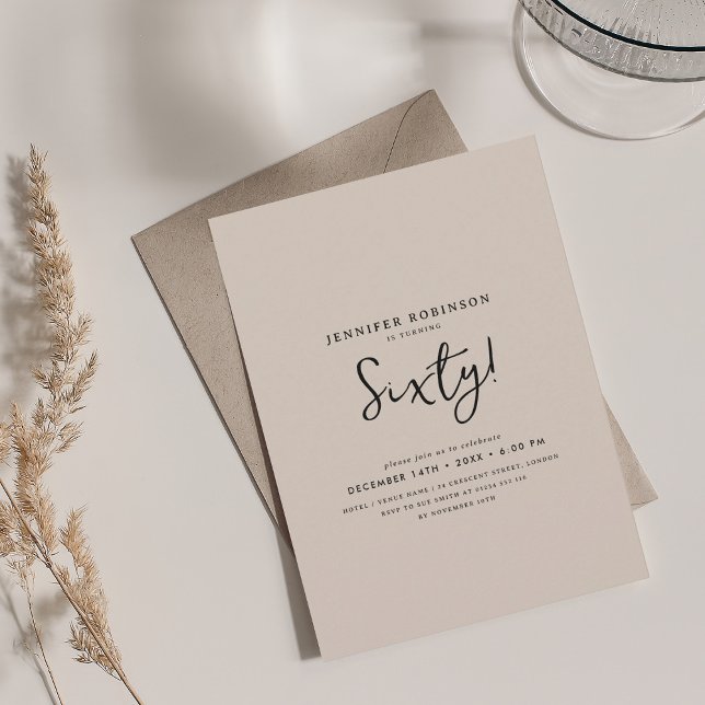 Elegant Modern Script 60. Geburtstag Champagne Einladung (Elegant Modern Script 60th Birthday Champagne Invitation)