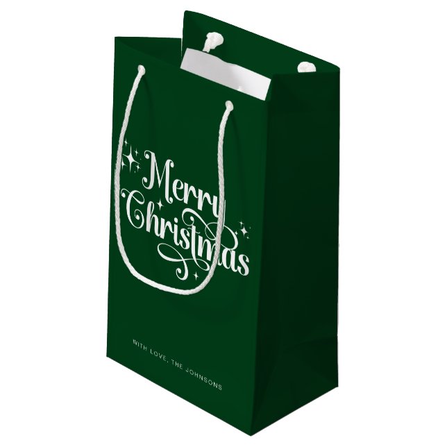 Elegant Modern Script Green Frohe Weihnachten Kleine Geschenktüte (Rückseite Schrägansicht)