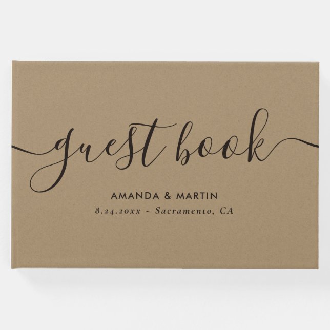 Elegant Modern Script Kraft Wedding Gästebuch (Vorderseite)