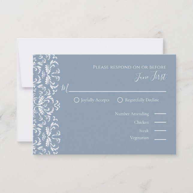 Elegant Modern Simple Dusty Blue Filigree RSVP Karte (Vorderseite)