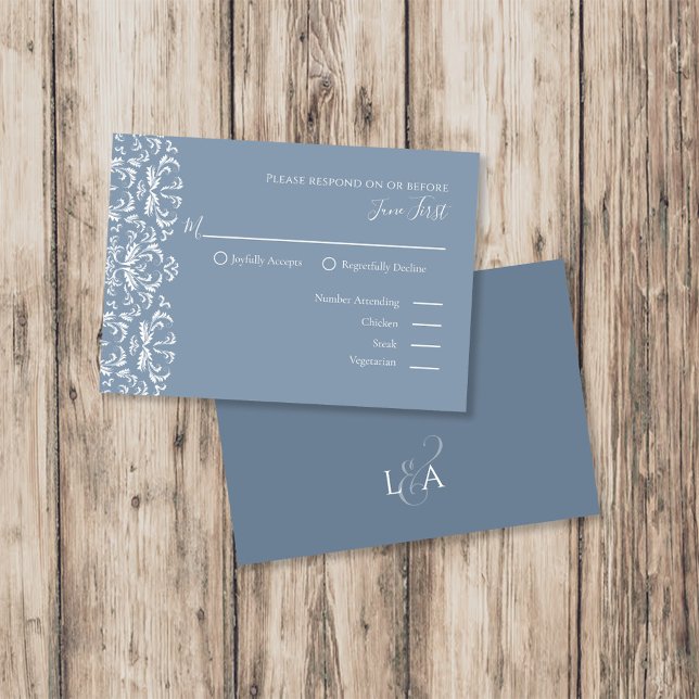 Elegant Modern Simple Dusty Blue Filigree RSVP Karte (Elegant dusty blue RSVP wedding card with modern filigree design and clean typography.)