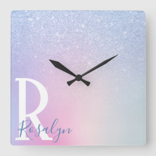 Elegant modern stylish ombre blue glitter rainbow quadratische wanduhr