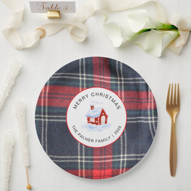 Elegant Modern Tartan Plaid Christmas Family Pappteller (Hochzeit)