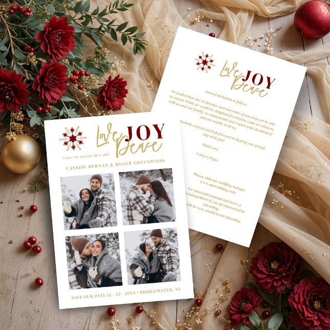 Elegant Modern Wedding Christmas Four Photos Save The Date (Elegant Modern Wedding Christmas 4 Photos in Dark Red & Fake Gold Holiday Cards as a Save the Dates.)