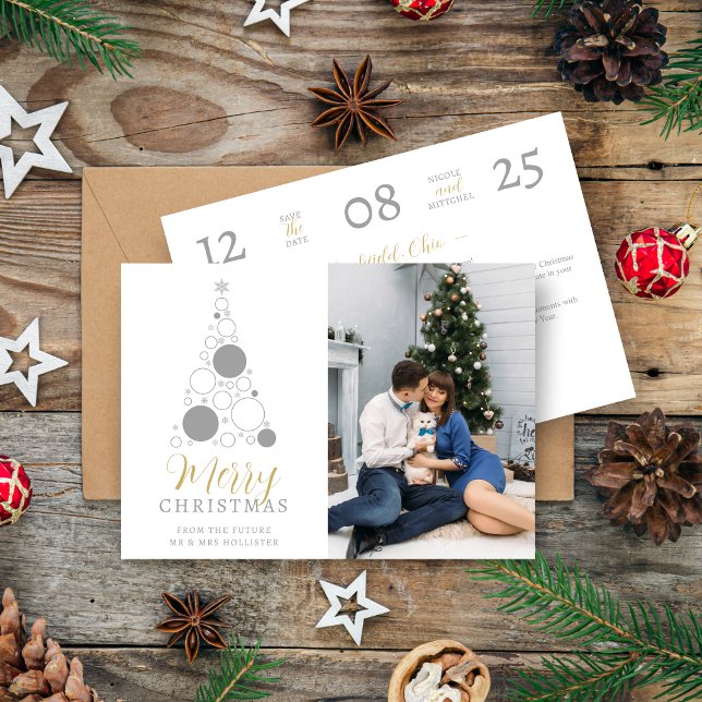 Elegant Modern Wedding Christmas Tree Save The Date (Elegant Modern Wedding Christmas Tree Photo in Grey and Fake Gold Holiday as a Save the Date.)