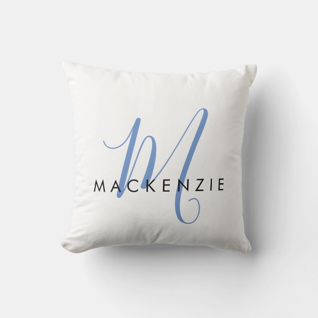 Elegant Modern White Blue Script Monogram Kissen (Vorderseite)