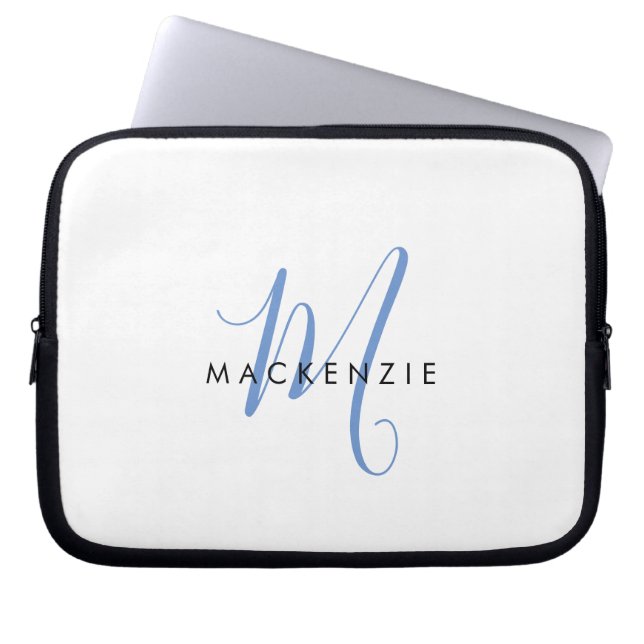 Elegant Modern White Blue Script Monogram Laptopschutzhülle (Vorderseite)