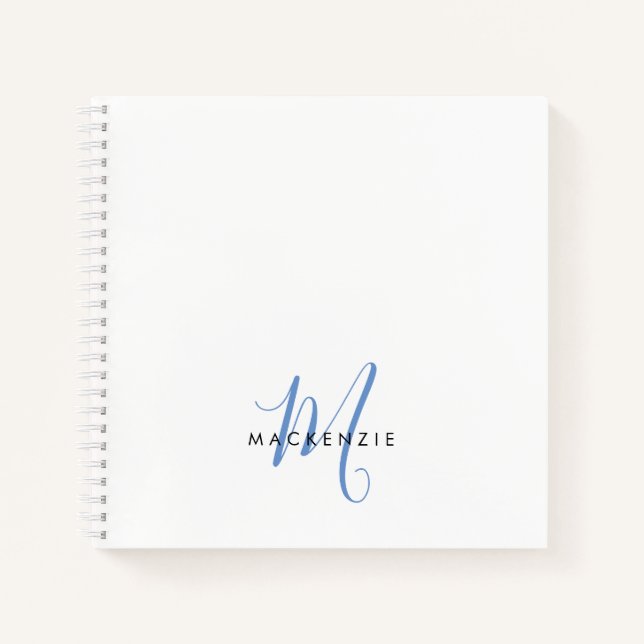Elegant Modern White Blue Script Monogram Notizbuch (Vorderseite)