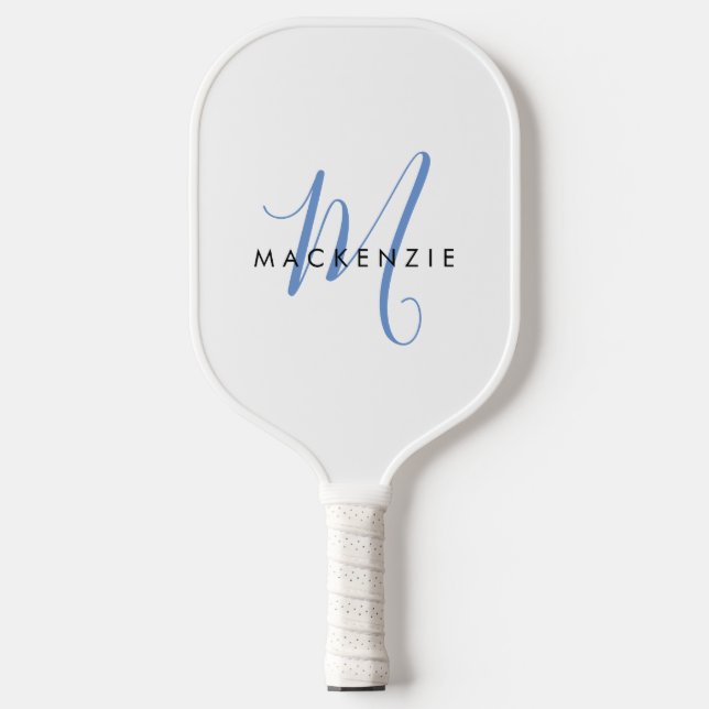 Elegant Modern White Blue Script Monogram Pickleball Schläger (Vorderseite)
