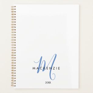 Elegant Modern White Blue Script Monogram Planer