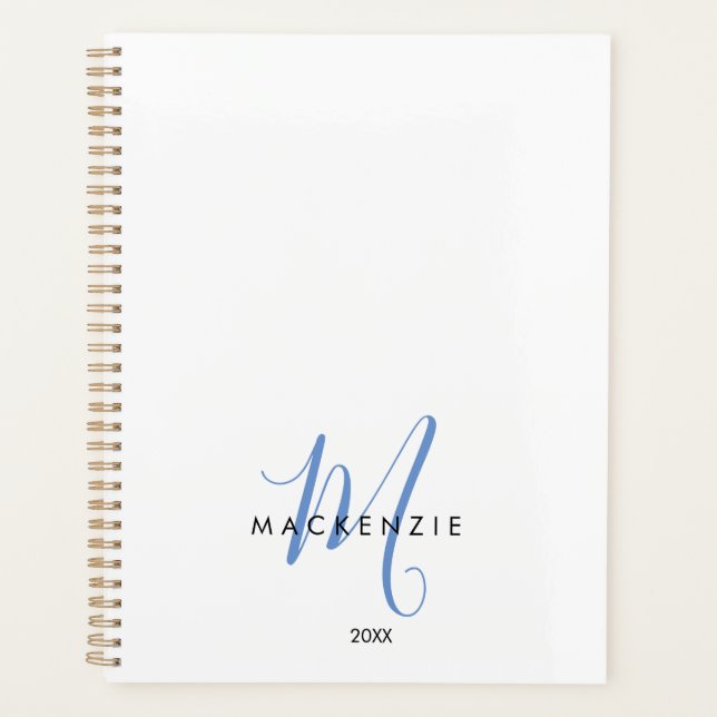 Elegant Modern White Blue Script Monogram Planer (Vorderseite)