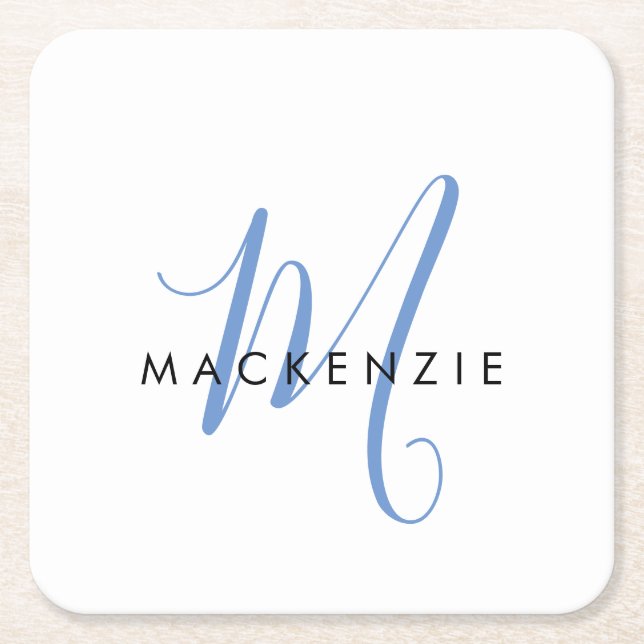 Elegant Modern White Blue Script Monogram Rechteckiger Pappuntersetzer (Vorderseite)