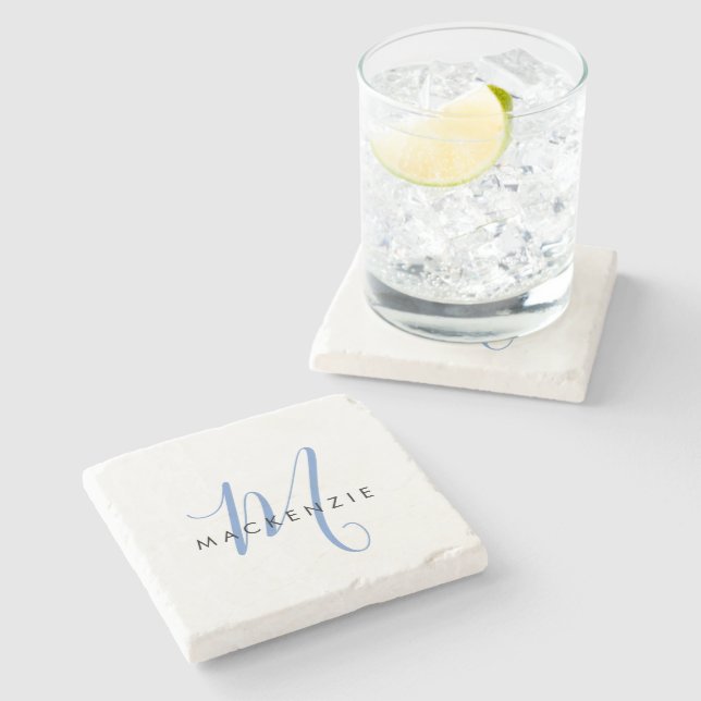 Elegant Modern White Blue Script Monogram Steinuntersetzer (Seitenansicht)