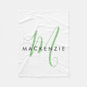 Elegant Modern White Green Script Monogram Fleecedecke