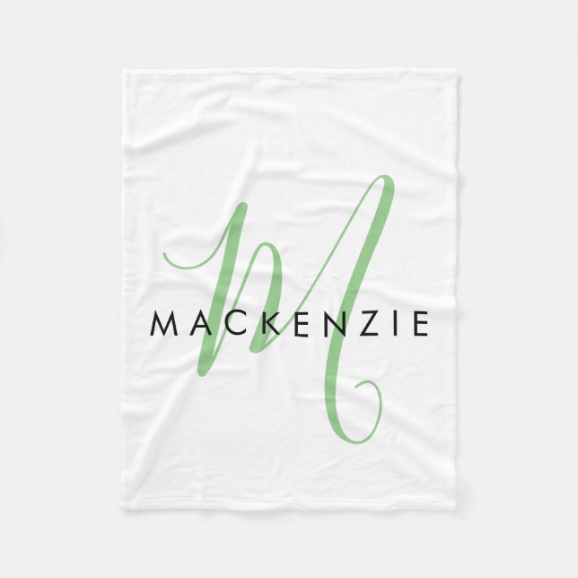 Elegant Modern White Green Script Monogram Fleecedecke (Vorderseite)